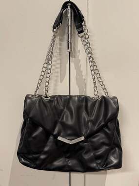 Black Quilted Faux Leather Chain Strap Shoulder Bag with Silver Hardware